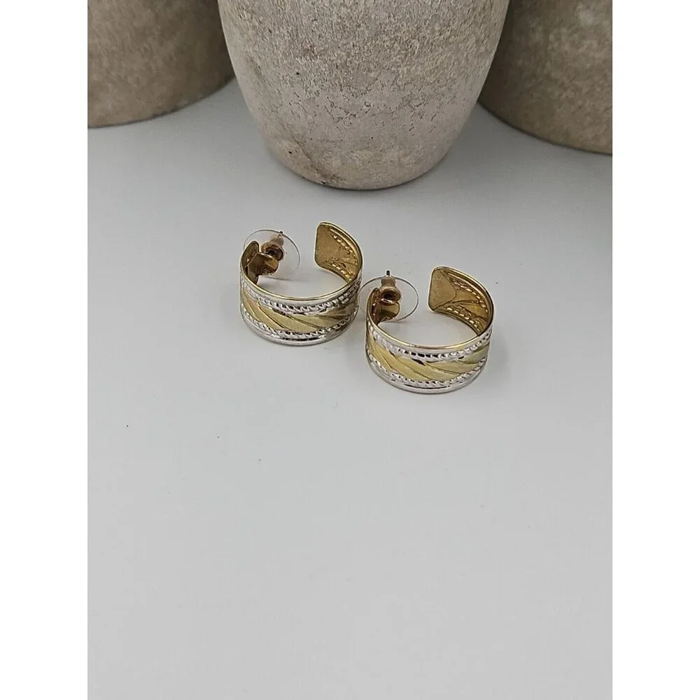 Vintage‎ Mixed Metals Textured Hoop Earrings Post Back